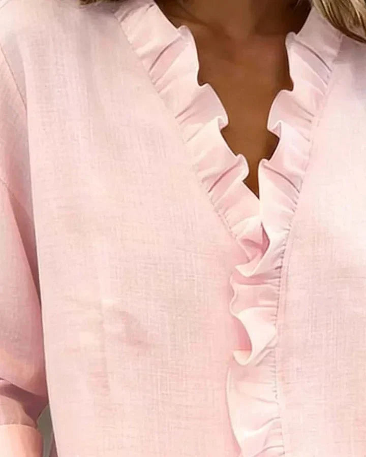 CAROLE - Ruffled V-Neck Long Sleeve Blouse