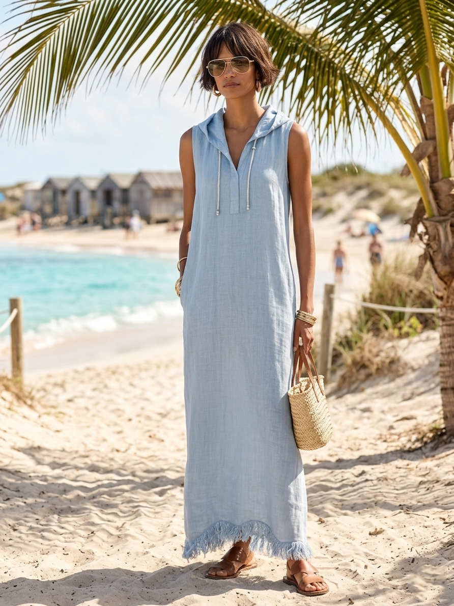 Women's Minimalist Linen-Blend Hooded Sleeveless Maxi Dress With Fringed Hem MDZ1213E7Y