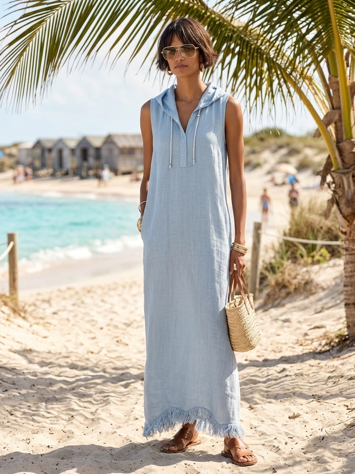 Women's Minimalist Linen-Blend Hooded Sleeveless Maxi Dress With Fringed Hem MDZ1213E7Y