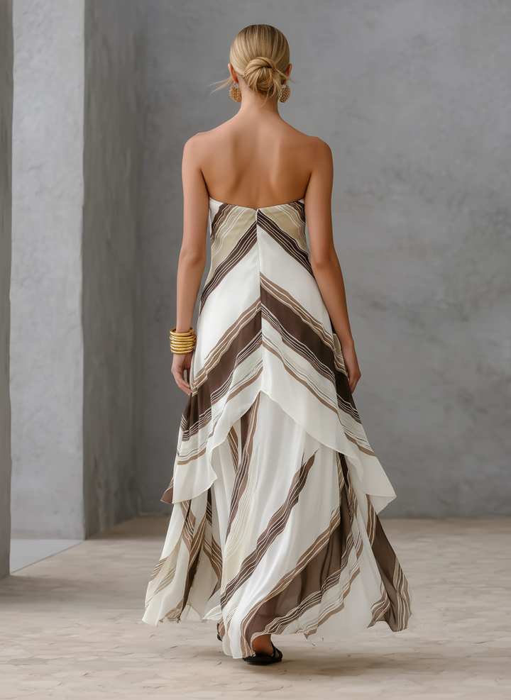 Women's Casual White And Brown Striped Chiffon Strapless Sleeveless Maxi Dress MDZ2046E1LXY