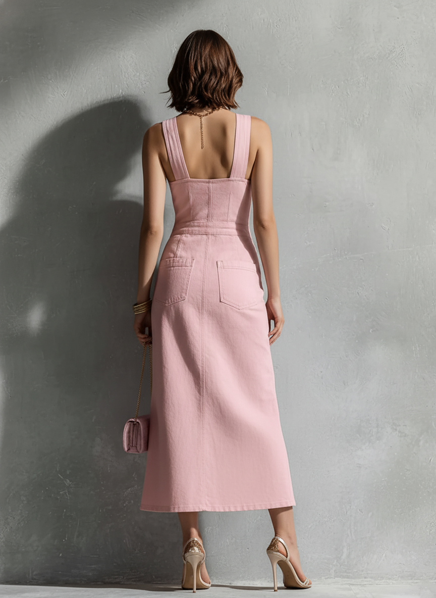 Women's Retro Pink Cotton Square Neck Zip-Up Waist-Tailored Pinafore Midi Dress MDZ2397E0GMJ
