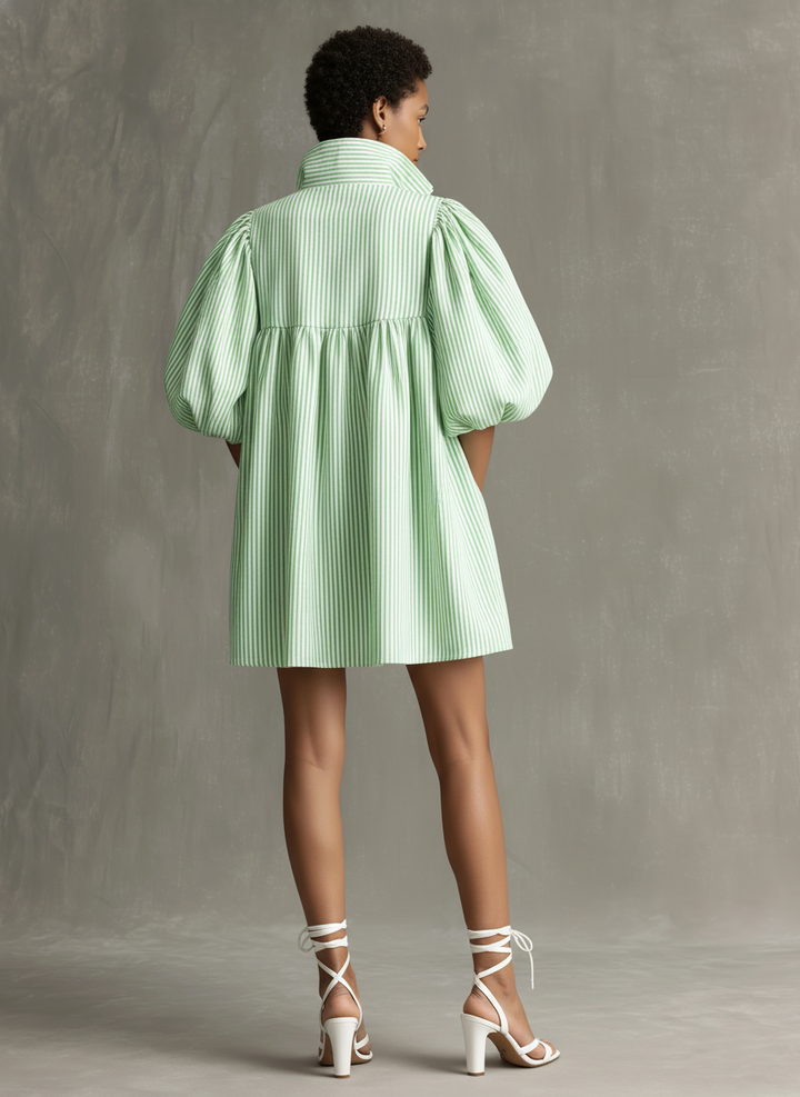 Women's Minimalist Striped Puff-Sleeve Zip-Collar Mini Dress MDZ2930D5Y