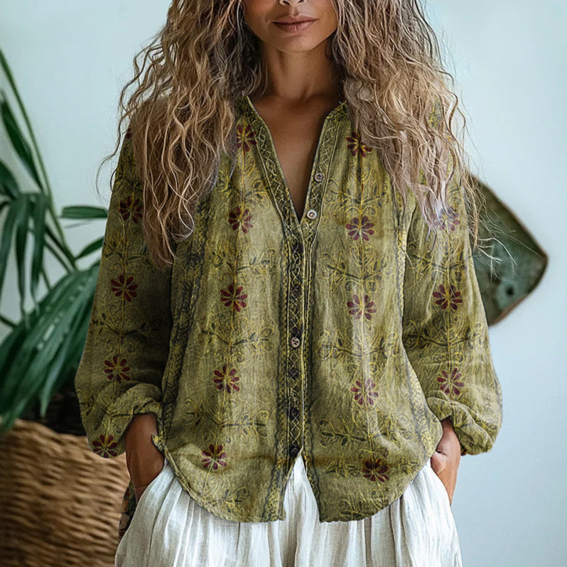 BIANCA - Elegant Vintage Leaf Print Shirt