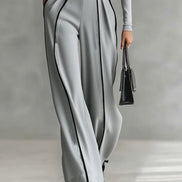 REFINED HIGH-NECK TOP & WIDE-LEG PANTS SET (FREE BELT)