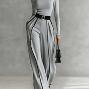 REFINED HIGH-NECK TOP & WIDE-LEG PANTS SET (FREE BELT)