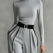 REFINED HIGH-NECK TOP & WIDE-LEG PANTS SET (FREE BELT)