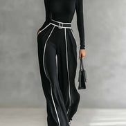 REFINED HIGH-NECK TOP & WIDE-LEG PANTS SET (FREE BELT)