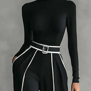 REFINED HIGH-NECK TOP & WIDE-LEG PANTS SET (FREE BELT)