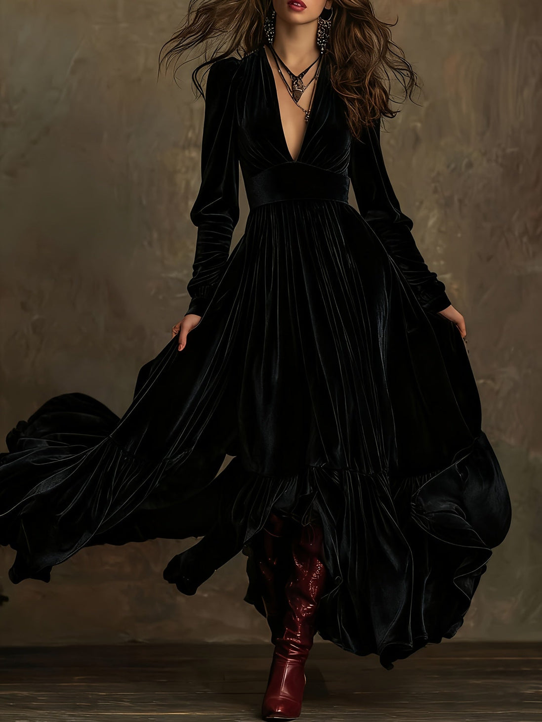 SERAFINA | RETRO OVERSIZED SKIRT LONG DRESS WITH DEEP V-NECK