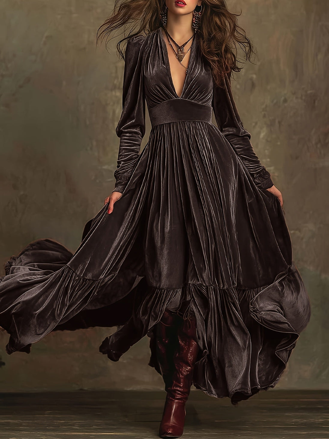SERAFINA | RETRO OVERSIZED SKIRT LONG DRESS WITH DEEP V-NECK