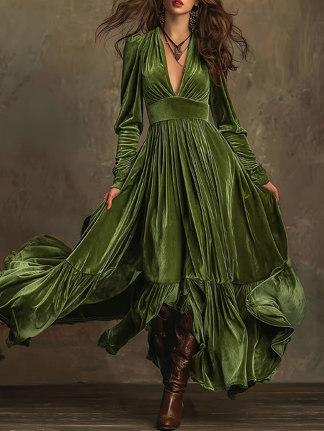 SERAFINA | RETRO OVERSIZED SKIRT LONG DRESS WITH DEEP V-NECK