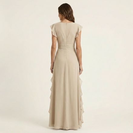 Nellyana | Wrap-Style V-Neck Flutter-Sleeve Cascading Ruffle Maxi Dress