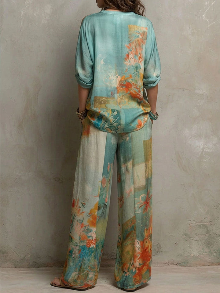 Tiana - Elegant Floral-Print Set With Wide-Leg Pants