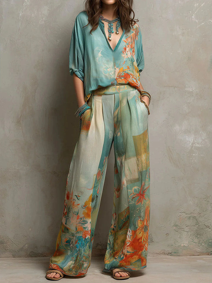 Tiana - Elegant Floral-Print Set With Wide-Leg Pants