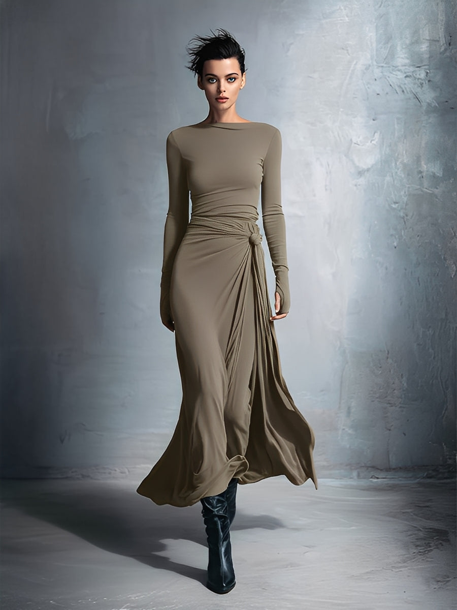 Women's Gray Exquisite Stretch Blended Fabric Wrap Dress - Knotted Maxi Dress MDA1401H9I